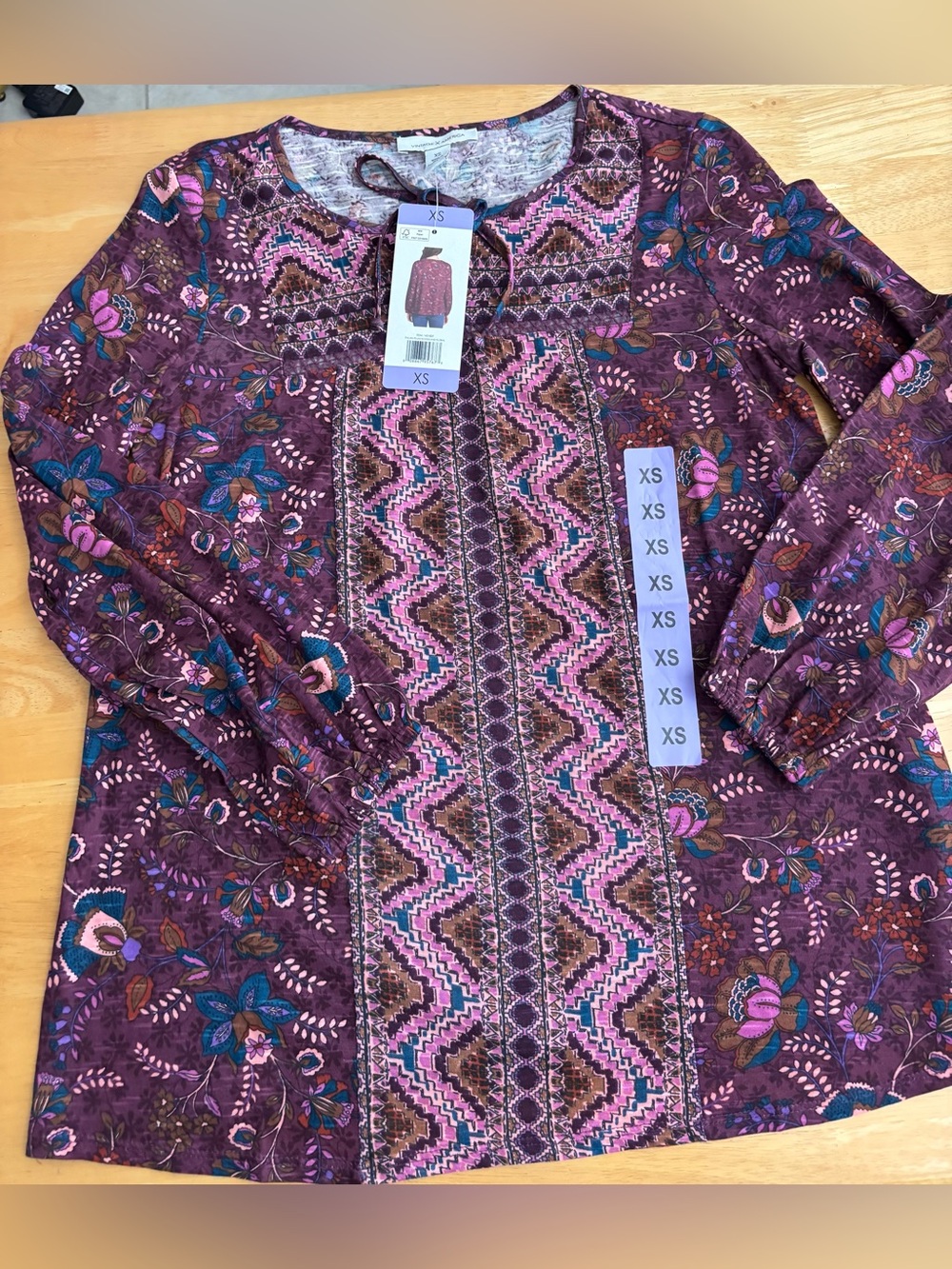 Vintage America Purple and Pink Printed Peasant Top